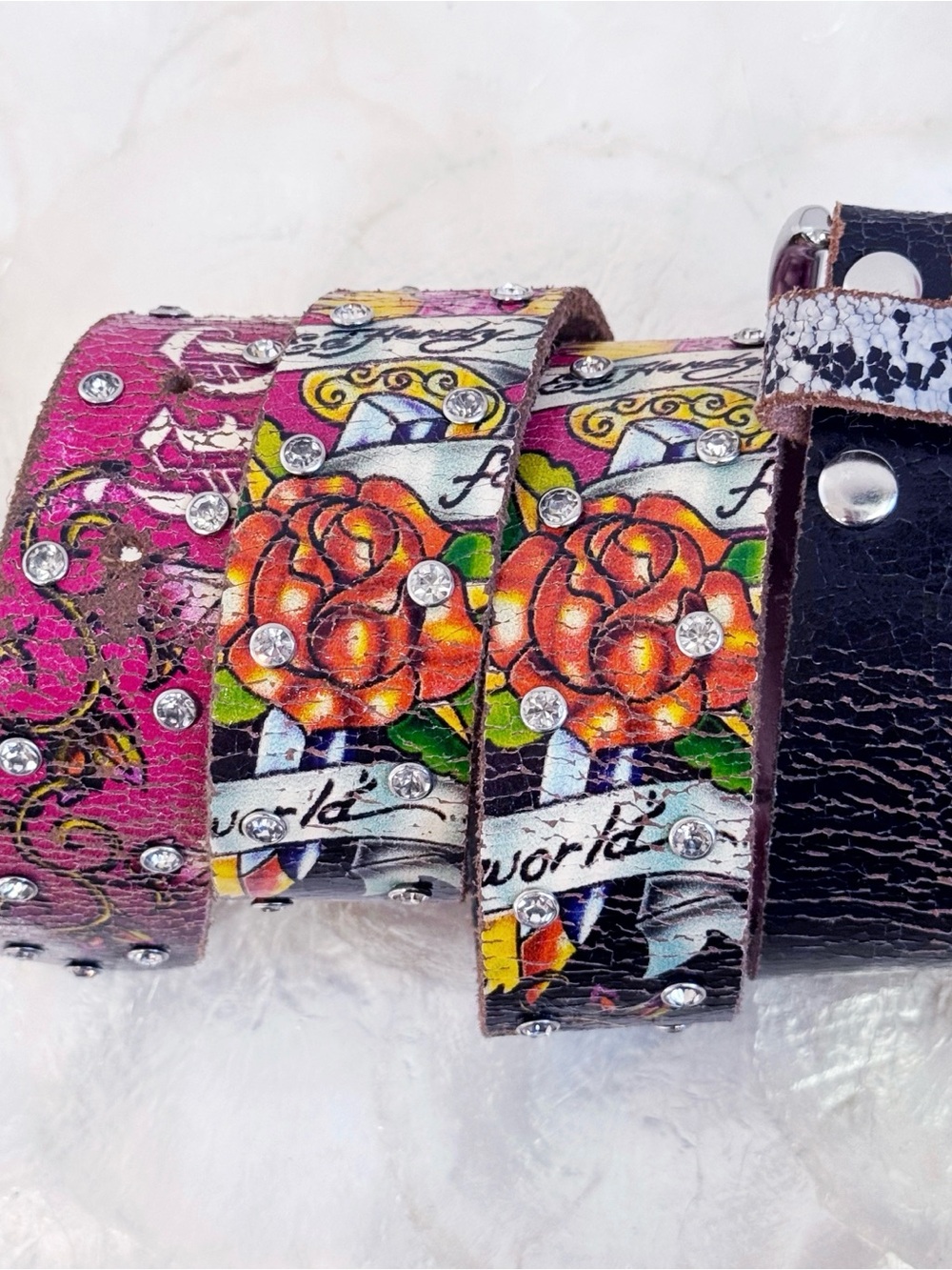 Vtg Ed Hardy Rocker Roses Crystal Studded Leather Belt XL